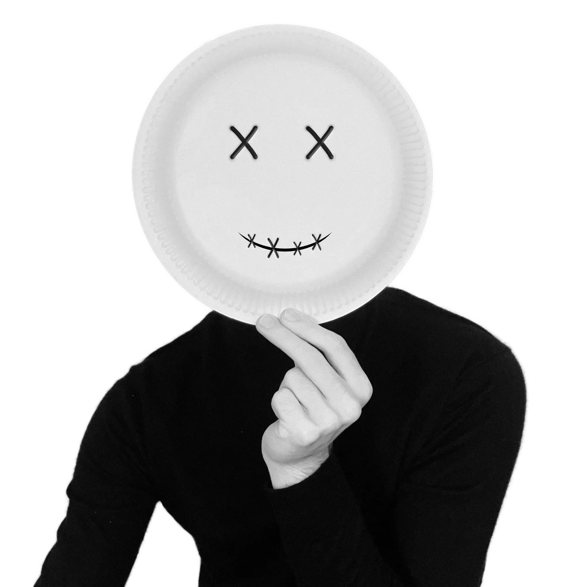 Person in black clothing holding a white paper plate with crossed-out eyes and a stitched mouth drawn on it in front of their face