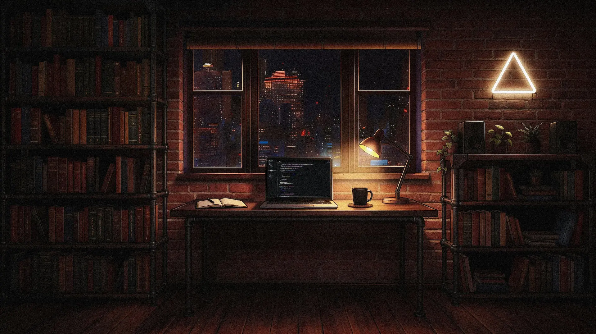 Desk with an open book, a laptop showing code, a cup, and a desk lamp in front of a window at night between two bookshelves filled with books and a neon triangle light on the brick wall.