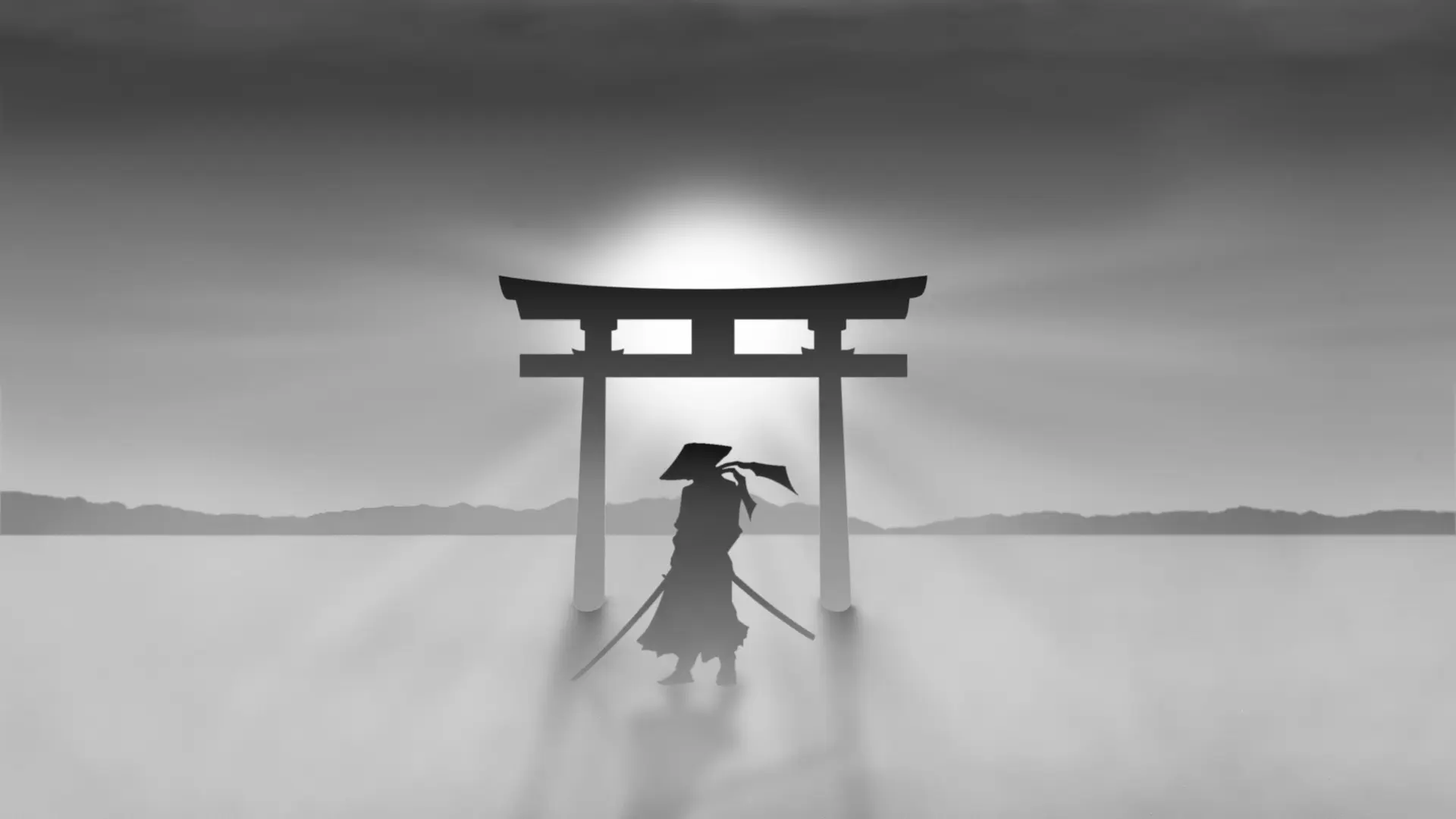 Silhouette of a samurai with two swords standing in front of a torii gate at sunrise or sunset over a misty landscape.